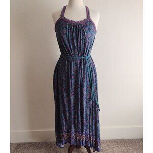 Lucky Brand Teal Floral Dress S Relaxed Knit Boho Jewel Tone Embroidered Maxi